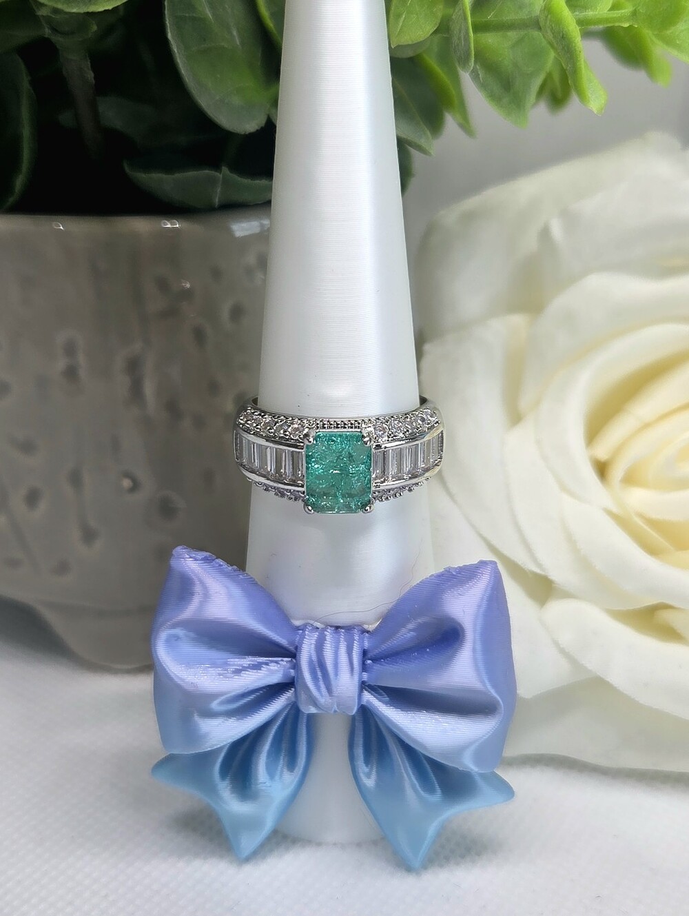 BP Emerald Cut Mint Green Ice Crystal Halo Ring